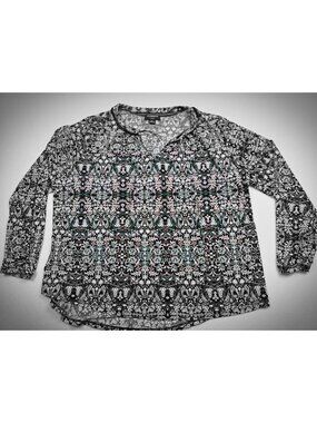 Liz Claiborne Career Womens 1X Long Sleeve Floral Top Black & Green